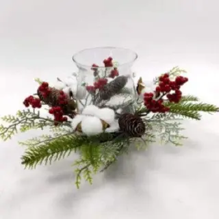 Cotton Red Berries Fern Plants LED Candle Base