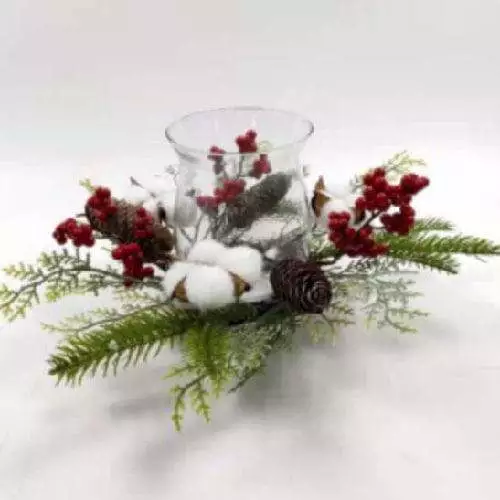 Cotton Red Berries Fern Plants LED Candle Base