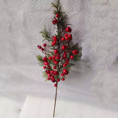Artificial Red Berry Stems with Green Leaves Holly Christmas Berries, 65 CM