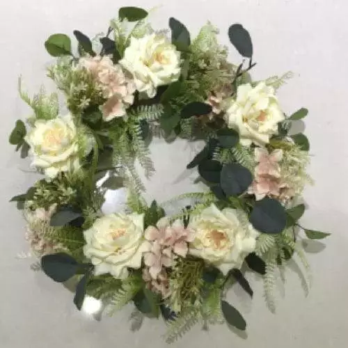 China Rose With Leaves French Hydrangea Flower Artificial Wreath, 22 inch