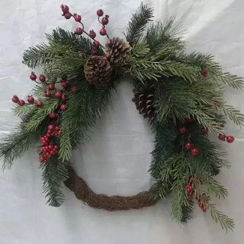 22 inch Front Door Xmas Wreath with Conifers and Pine Cone, 22 inch