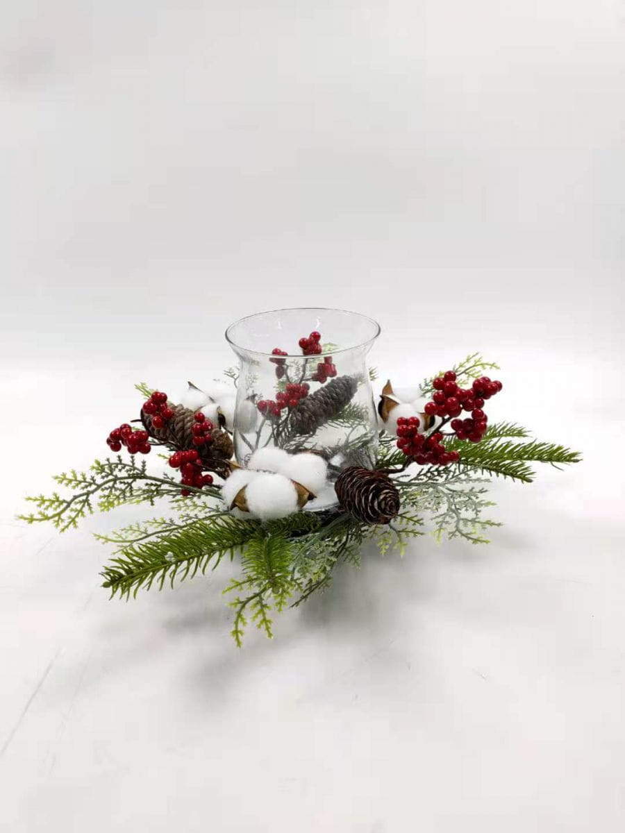 Cotton Red Berries Fern Plants LED Candle Base Cotton Red Berries Fern Plants LED Candle Base