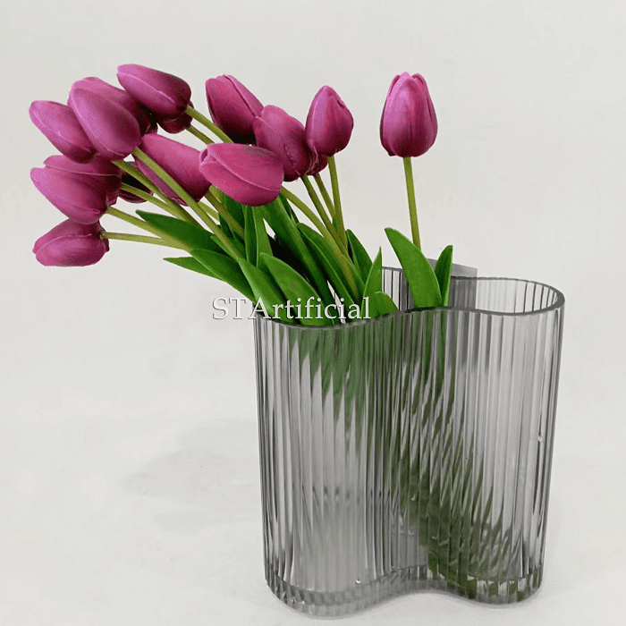 Artificial Purple Tulip, Faux Water, Glass Vase, 17 Heads, 39 CM