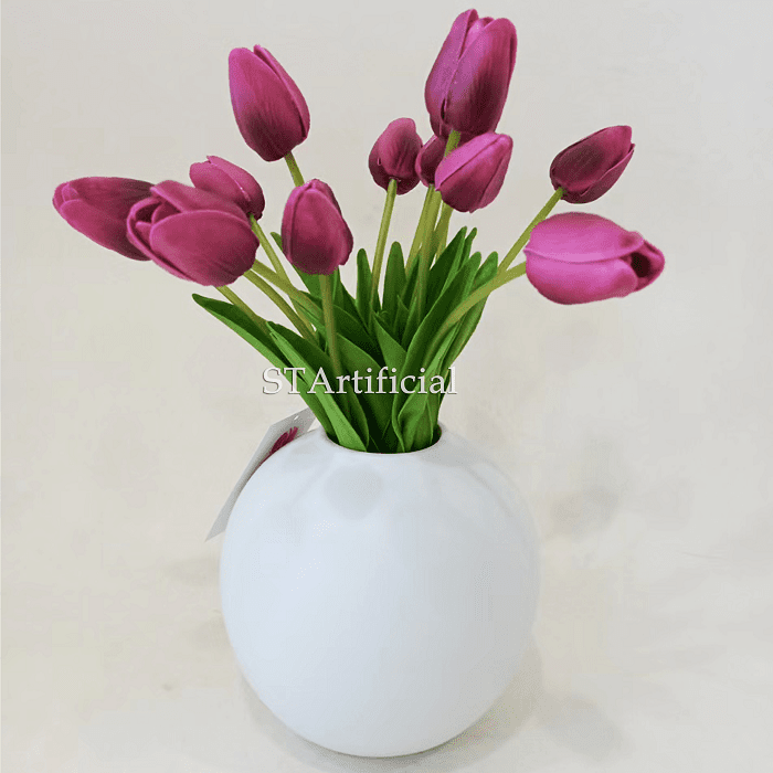 Faux Purple Tulip Flower Arrangement, Ceramic Vase, 14 Heads