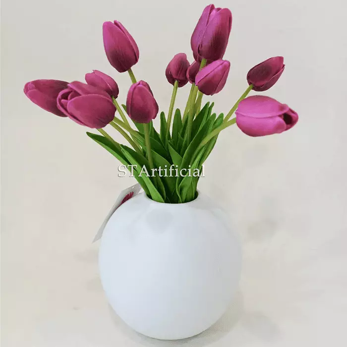 Faux Purple Tulip Flower Arrangement, Ceramic Vase, 14 Heads