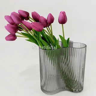 Artificial Purple Tulip, Faux Water, Glass Vase, 17 Heads, 39 CM
