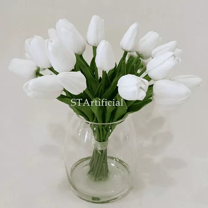 Artificial White Tulips, Faux Water, Glass Vase, 25 Heads, 29cm