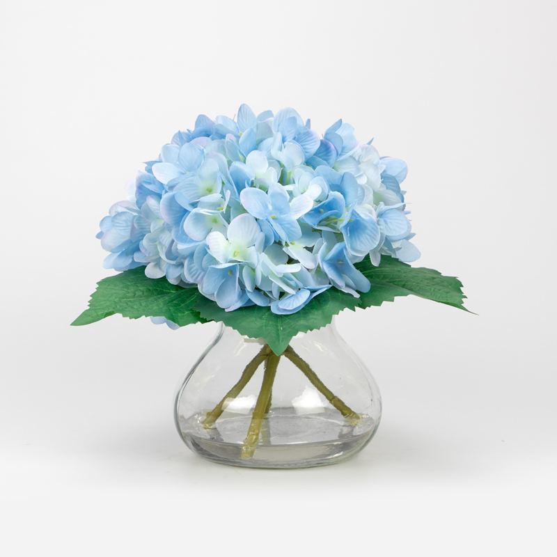 Silk Blue Hydrangea Flowers in Glass Vase, 4 Heads, 23 CM