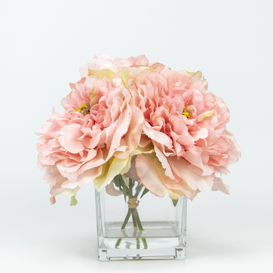 Light Pink Silk Peony Flower in Glass Vase, 3 Heads, 23 CM