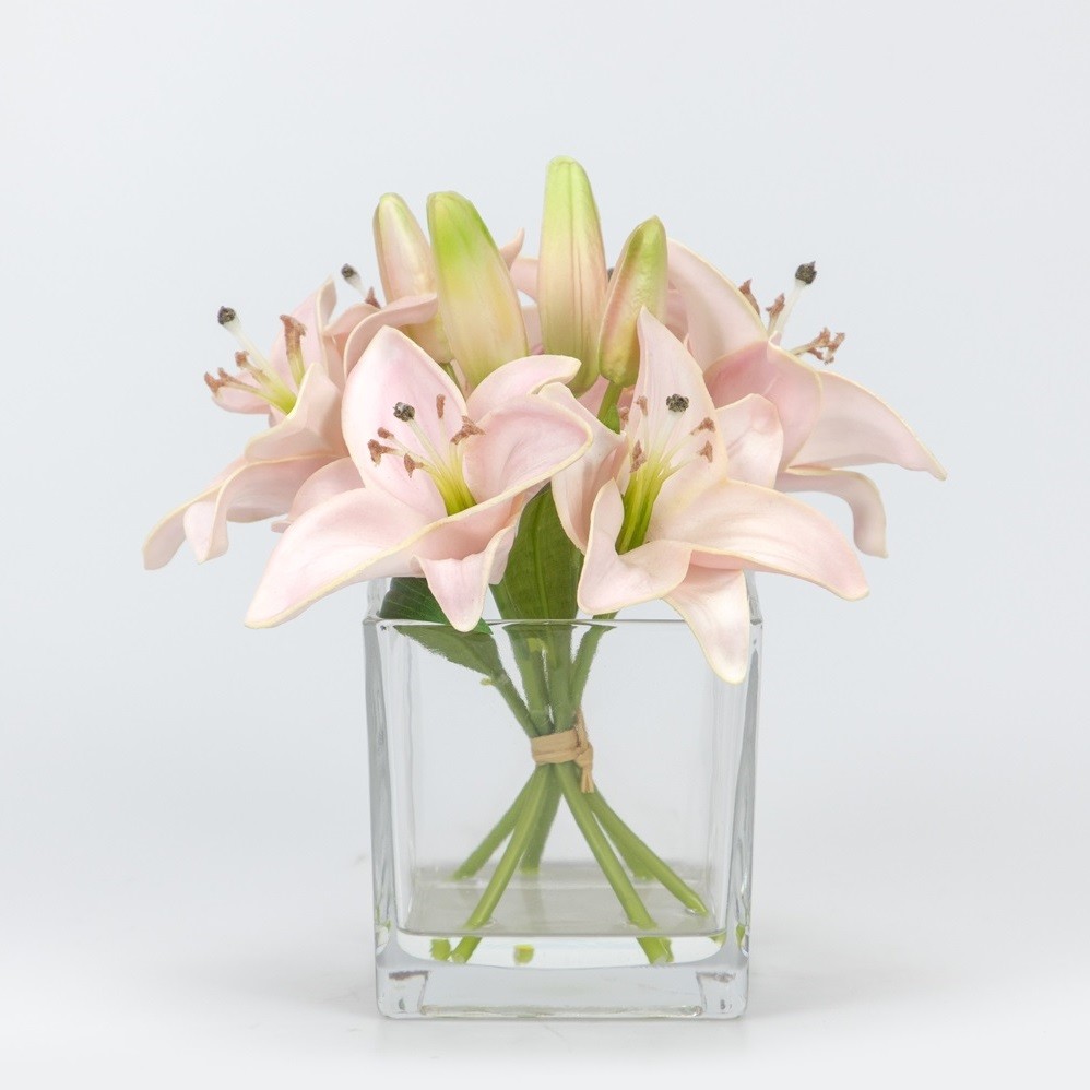 Faux PU Lily Flower in Glass Vase, 20 CM, 6 Heads, 4 Fruits