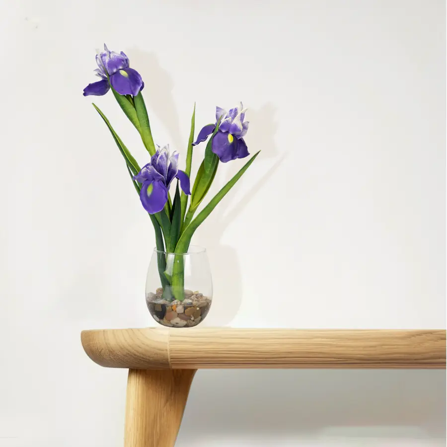 Artificial Blue Iris Flowers, 40 CM, Glass Vase