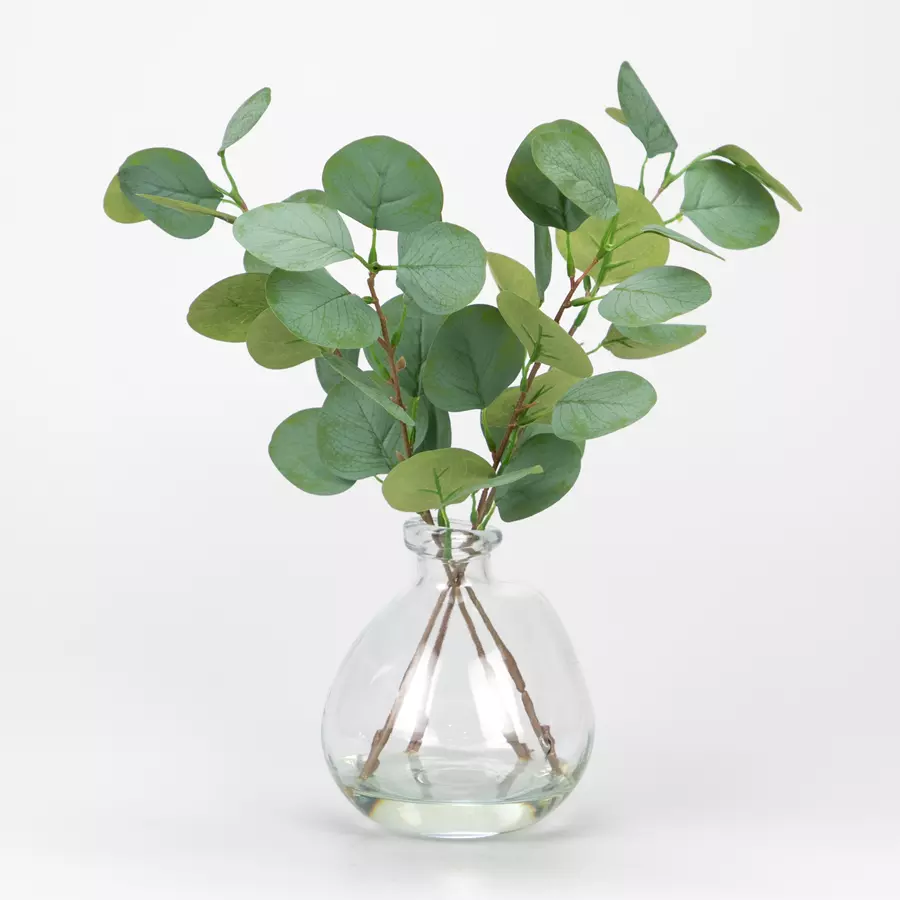 Faux Eucalyptus Branches in Faux Water Glass Vase, 40 CM