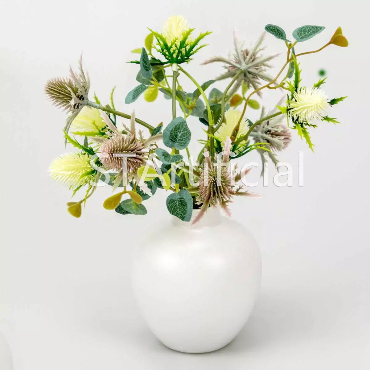 Artificial Thistle Arrangement Decoration in White Vase