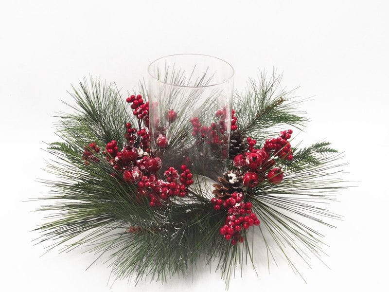 Red Berries Pine Decor with LED Candle Red Berries Pine Decor with LED Candle