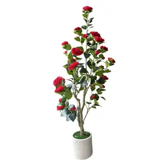 Artificial Camellia Tree(Red) In White Pot (KD), 120cm