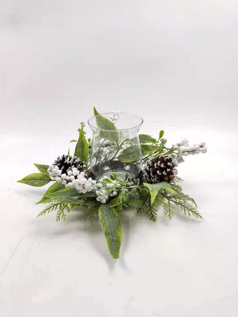 Winter Pinecone White Berries LED Candle Base with Green Leaves