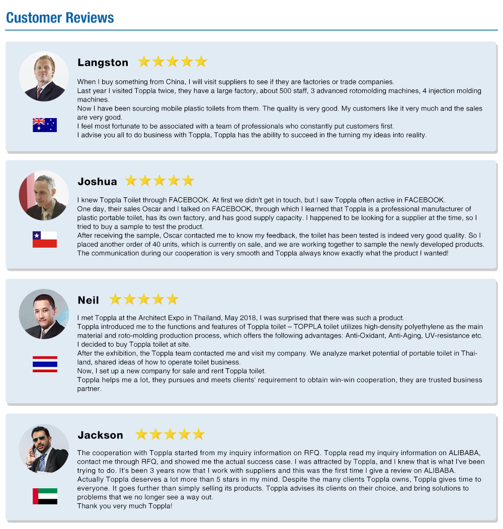 Portable Toilet Manufacturer, Portable Restroom Supplier-Toppla Toilet-customer reviews