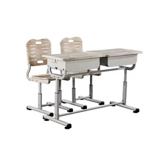 Wooden two seater school desk, powder coated steel tube frame