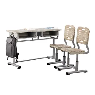 Wooden two seater school desk, powder coated steel tube frame