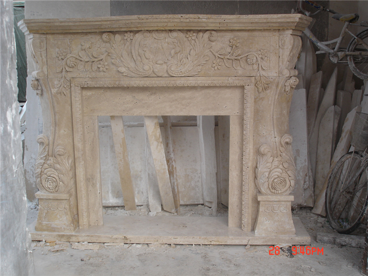 Carved Travertine Stone Fireplace, Beige Travertine Mantels
