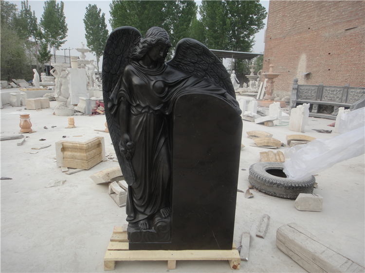 China Black Marble Carved Headstone Memorials with Angel Wings