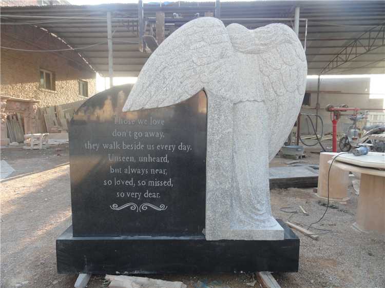 China Black Marble Carved Headstone Memorials with Angel Wings
