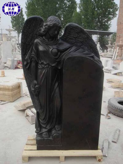 China Black Marble Carved Headstone Memorials with Angel Wings