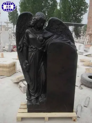 China Black Marble Carved Headstone Memorials with Angel Wings