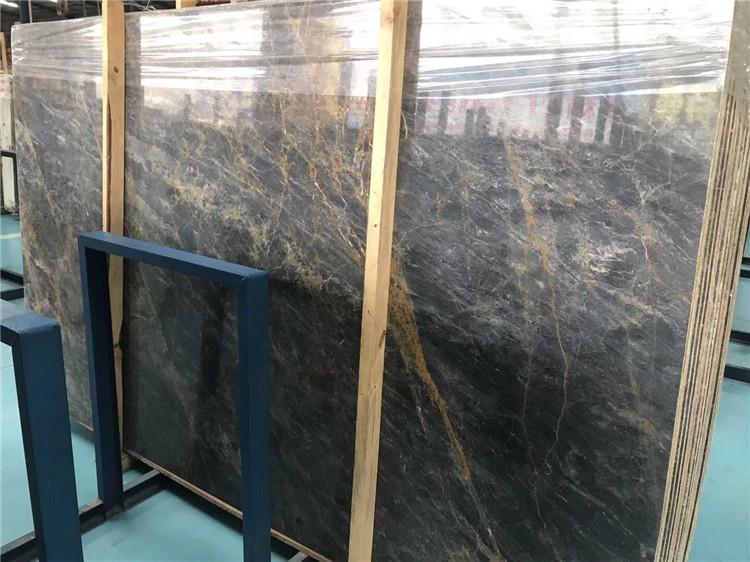 Black Marble Slab With Yellow Veins Natural Marble Tile Supplier Hangmao