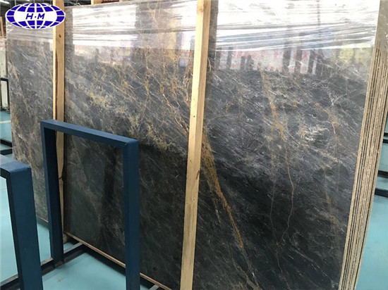Black Marble Slab with Yellow Veins, Natural Marble Floor Tiles