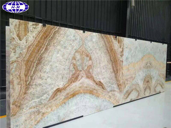 Book Matched Cloud Sunset Marble Slabs, Heavily Grained or Veined