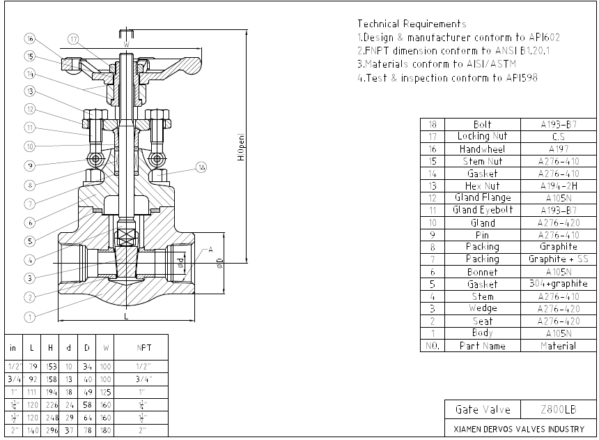 Flexible Wedge Gate Valve, ASTM A105N, 800 LB, FNPT, Ful Port, OS&Y
