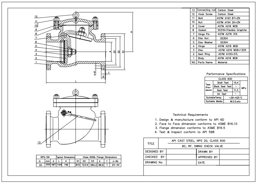 ASTM A216 WCB Swing Check Valve, API 6D, 20 Inch, 600 LB, RF
