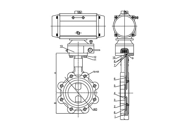 Pneumatic Butterfly Valves Structure Drawing