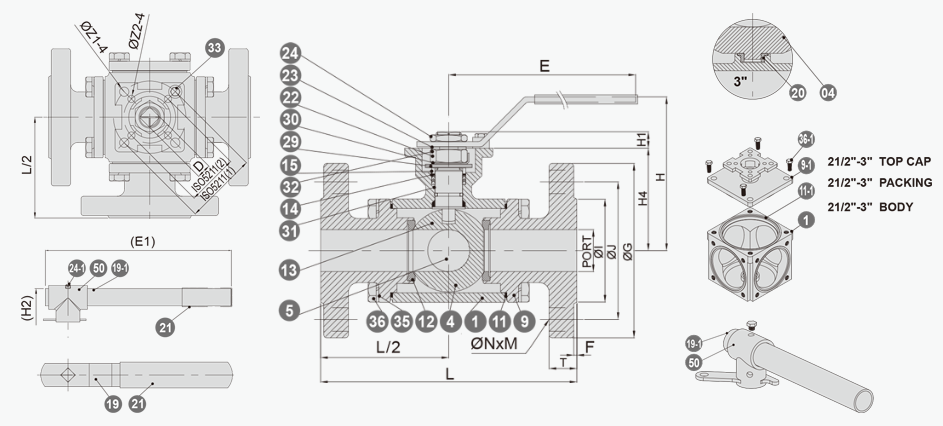 Drawing for Multi-Port Ball Valves