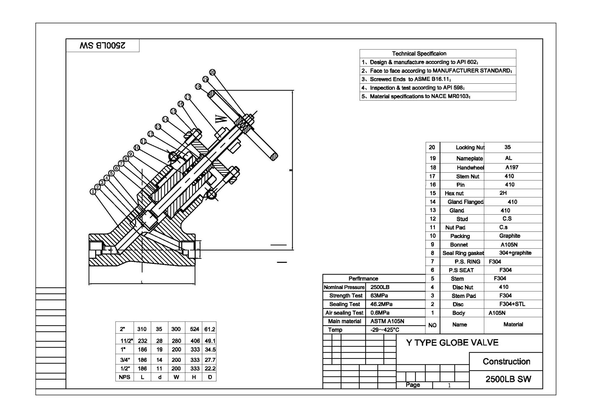 Y-Pattern Globe Valve, ASTM A105N, API 602, 1 Inch, 2500 LB