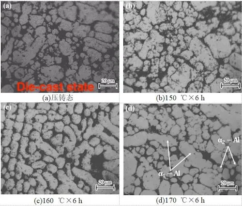 Metallographic structure (OM) of AlSi7CuMnMg alloy at different aging temperatures