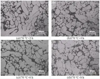 Metallographic structure (OM) of AlSi7CuMnMg alloy at different aging times