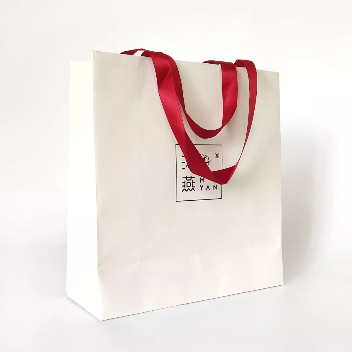 white gift bag with ribbon handles