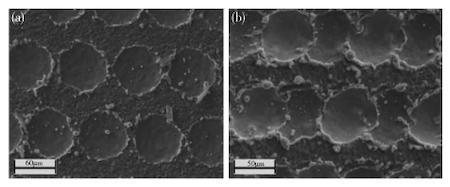 (a) SEM image of polysilicon parallel groove array textured surface (b) SEM image of polysilicon groove-pit mixed structure textured surface (a) SEM image of polysilicon parallel groove array textured surface (b) SEM image of polysilicon groove-pit mixed structure textured surface