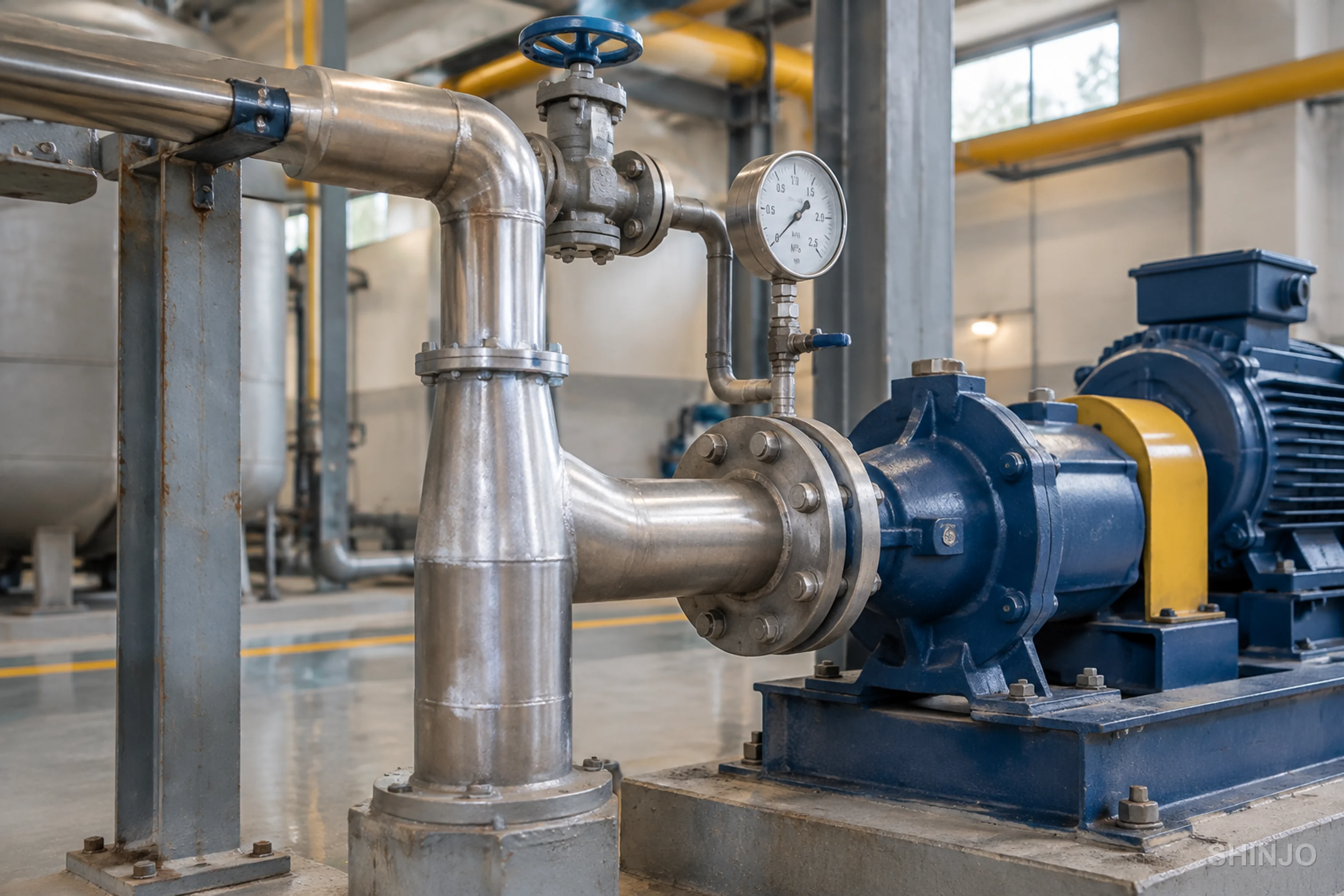 Suction piping of an installed process pump showing eccentric reducer, isolation valve and compound gauge that together fix NPSH available