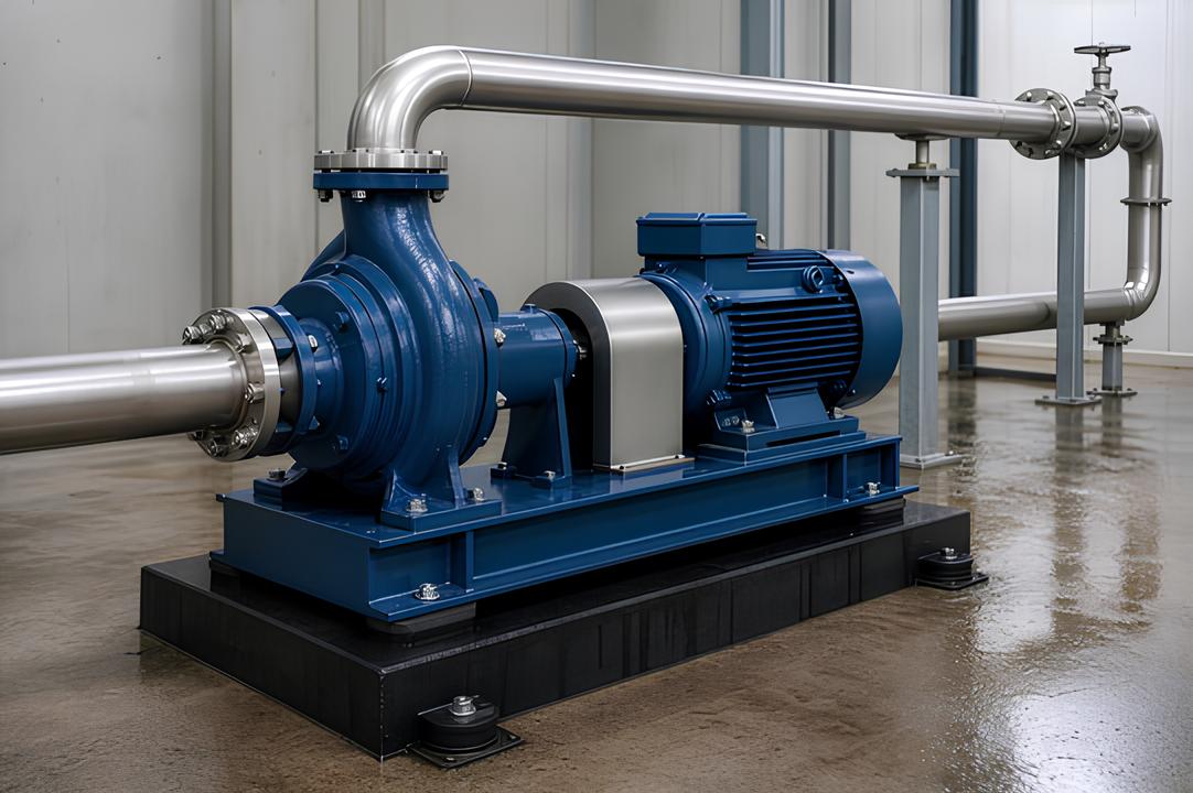 Stainless steel end-suction centrifugal pump on a baseplate in a chemical plant bay, coupling and suction gauge visible