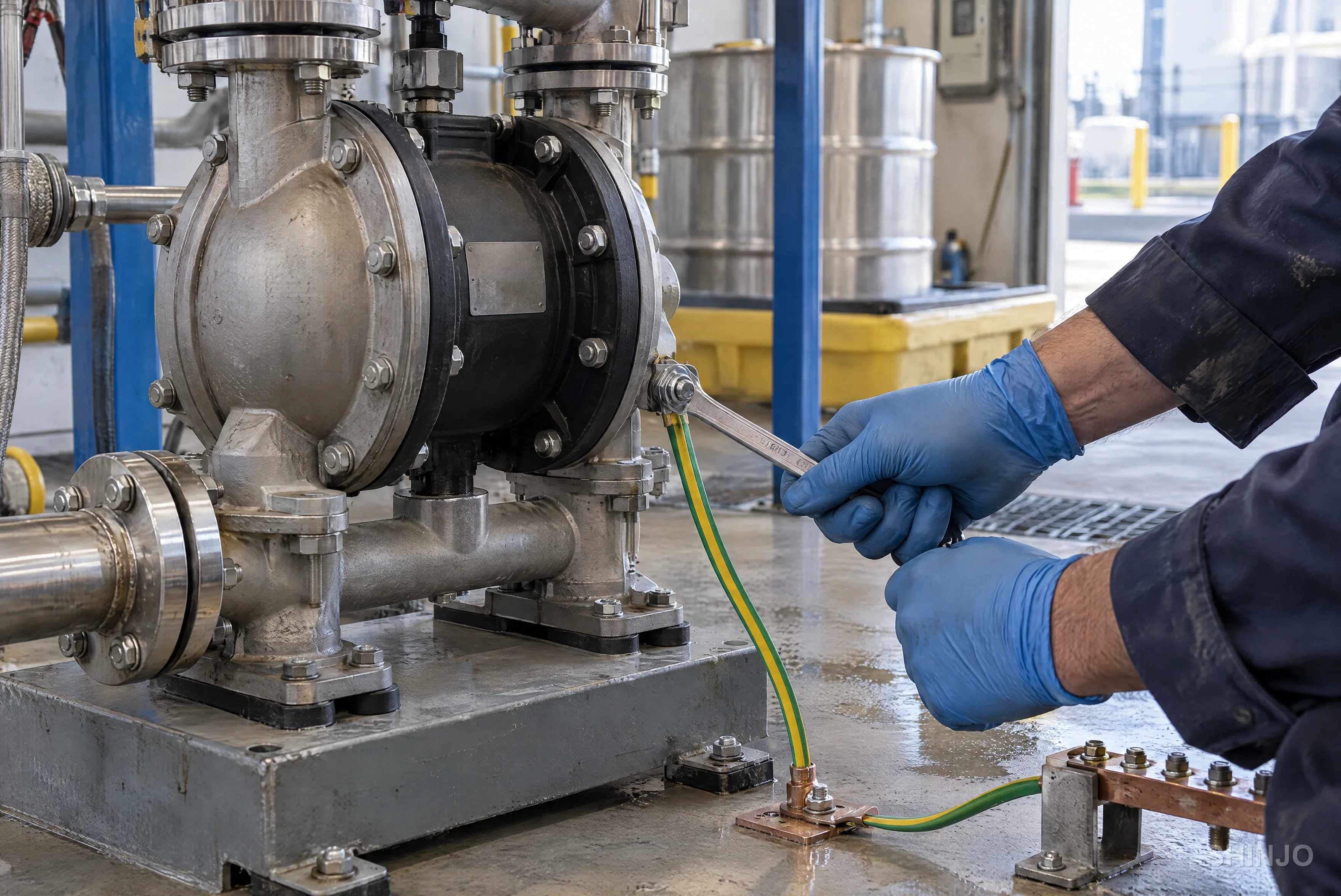 Metal AODD pump in a solvent transfer area with a green-yellow grounding strap bolted from the pump body to an earthing point