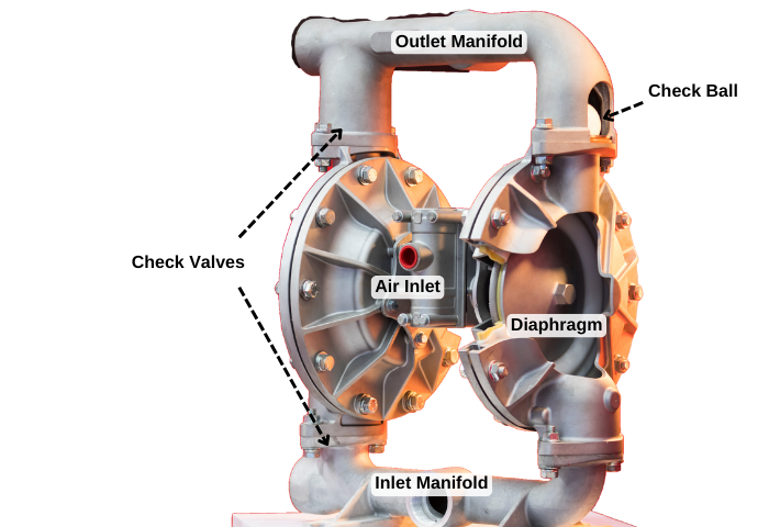 Opened AODD pump manifold with two check-valve balls resting on machined stainless seats on a maintenance bench