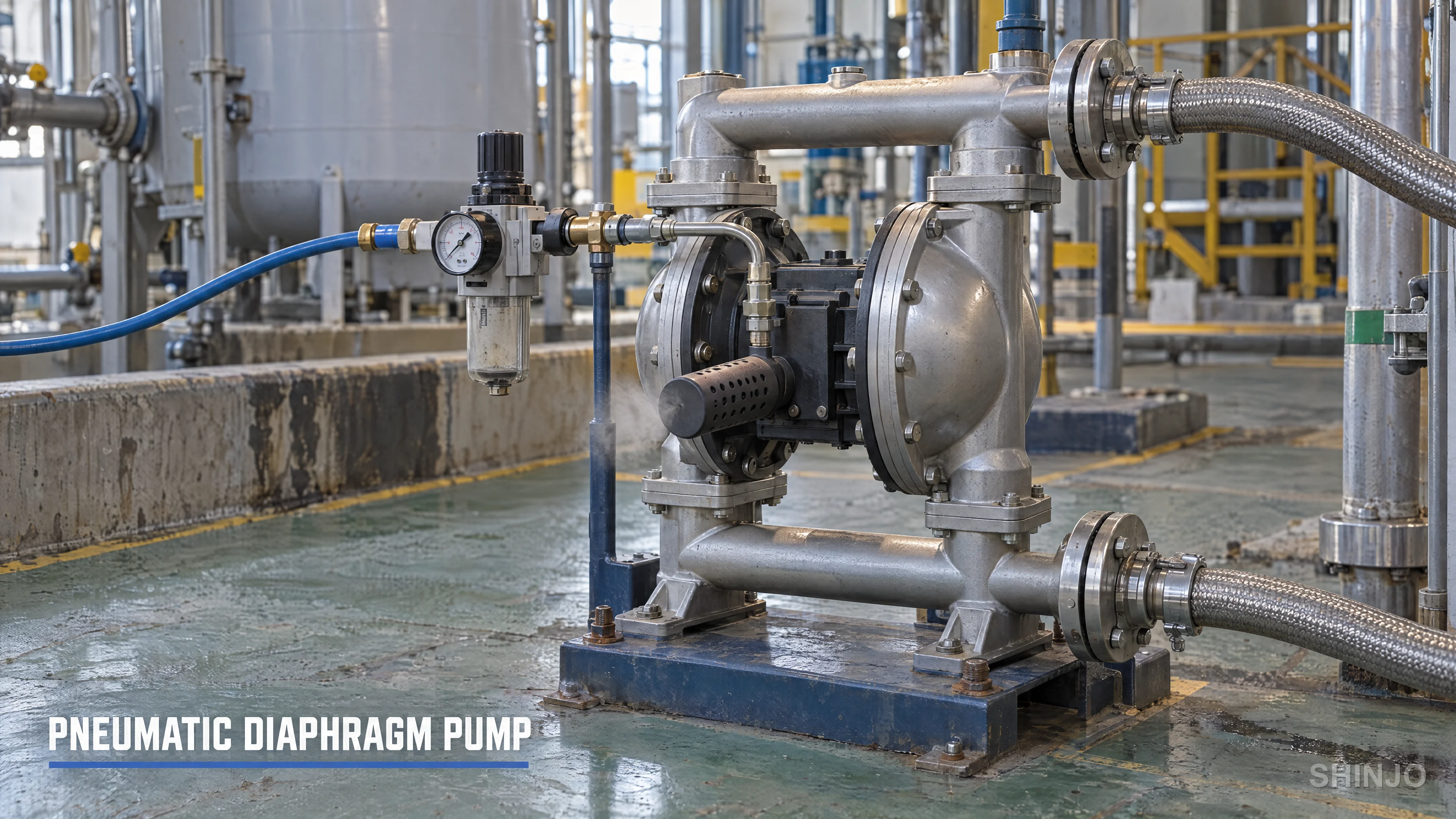 Metal air-operated double diaphragm pump on a chemical plant floor with compressed-air line, filter-regulator, pressure gauge and process hoses