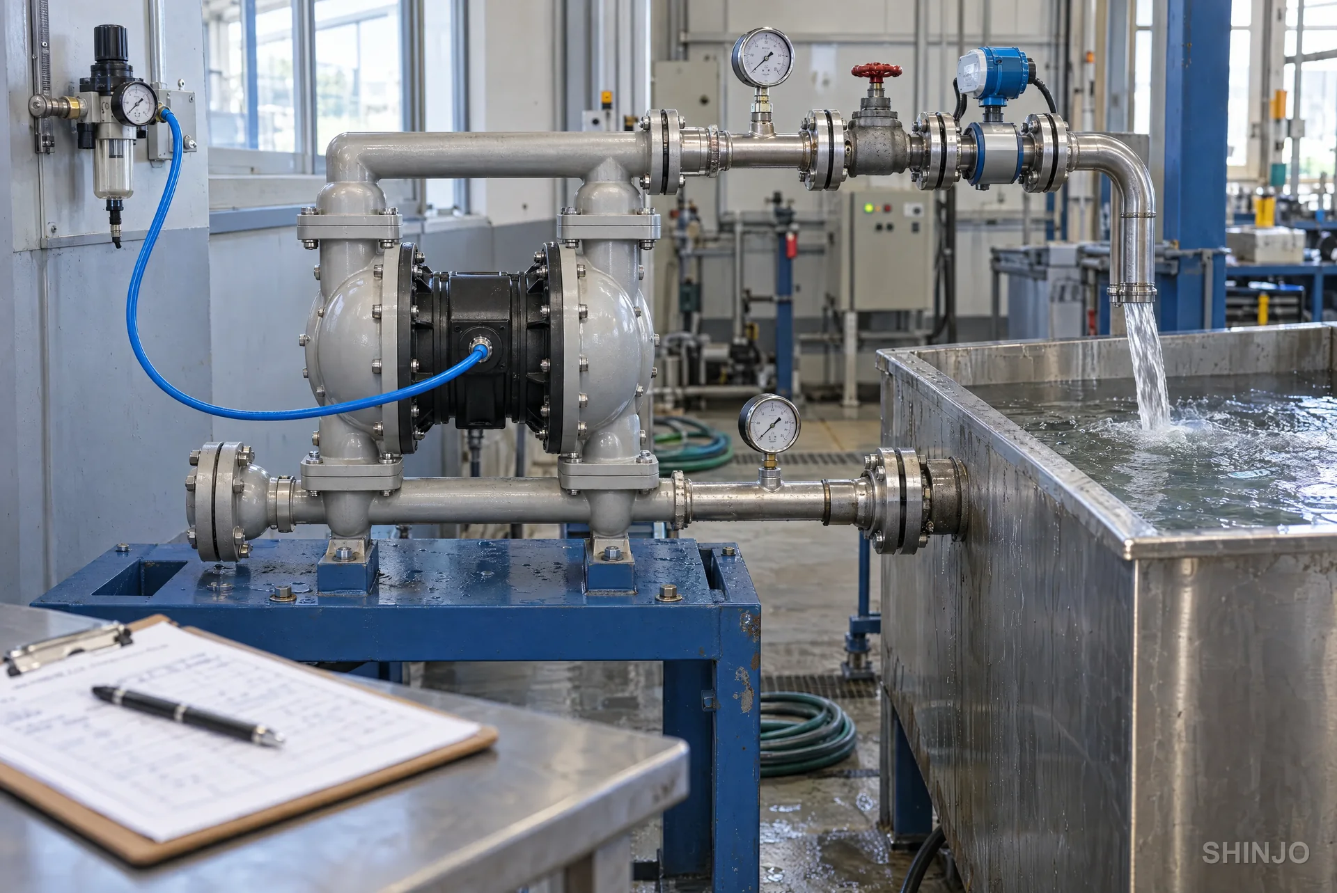 Diaphragm pump on a supplier's test bench with suction and discharge gauges, a flow meter and a test record clipboard
