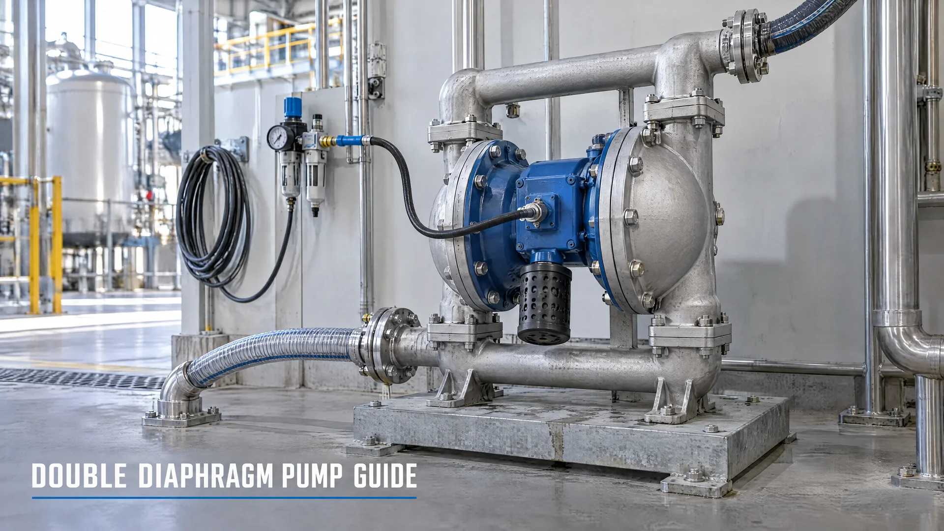 Air-operated double diaphragm pump on a skid with its filter-regulator, gauge and flexible liquid hoses
