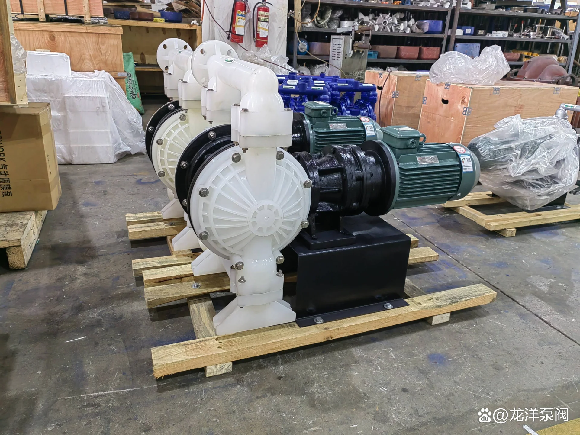 Electric double diaphragm pump with motor and gearbox on a plant floor, fed by a single power cable