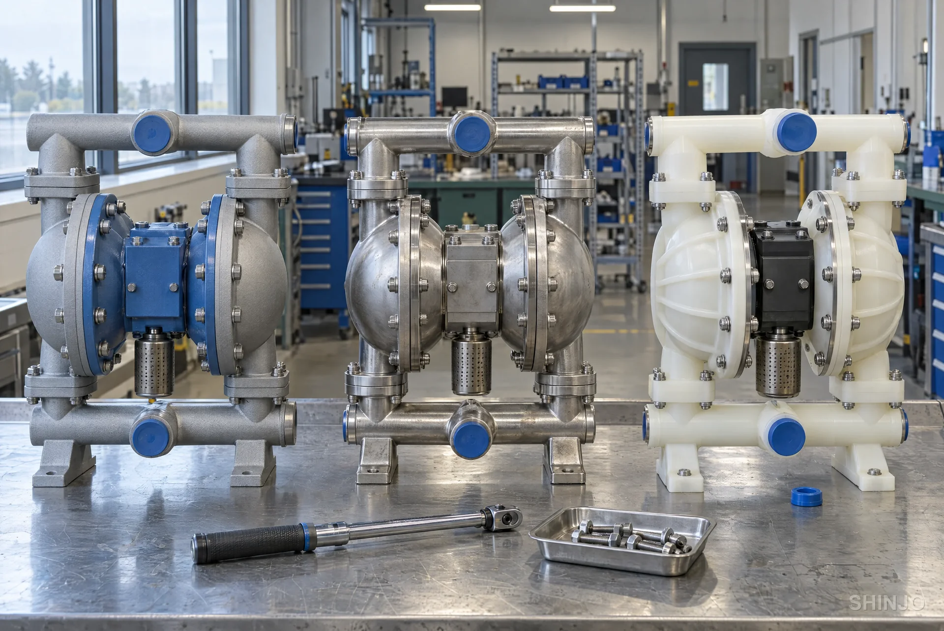 Bolted aluminum, bolted stainless steel and polypropylene diaphragm pumps side by side on a workbench