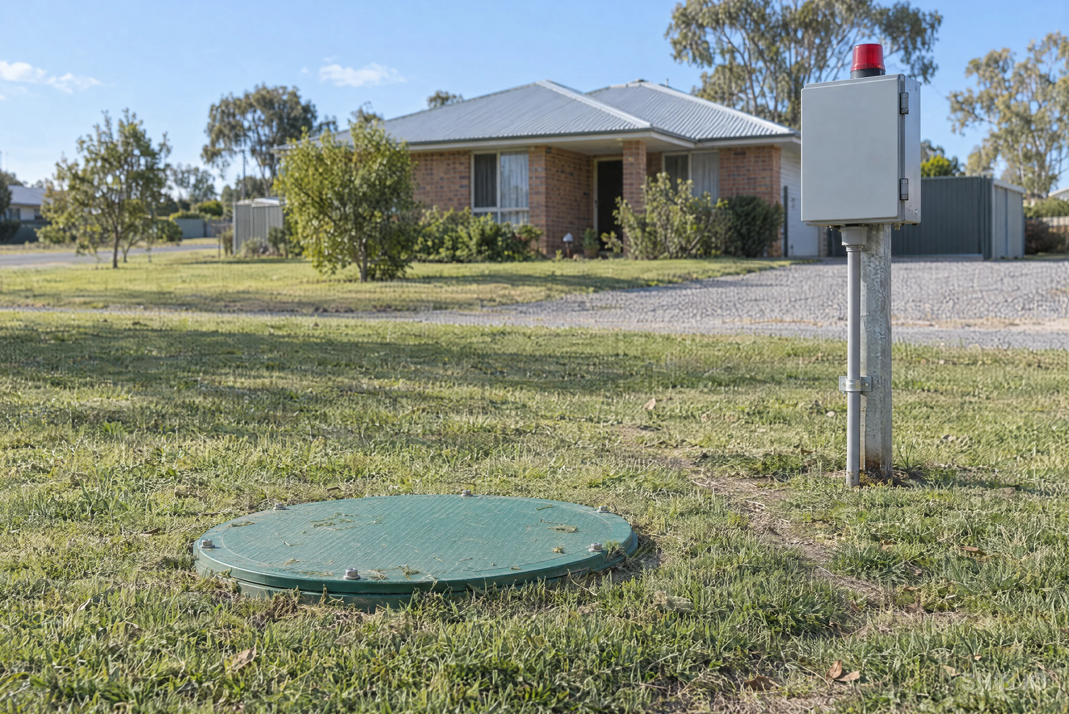 Pressure-sewer grinder pump station at a house: a green basin lid in the lawn and an alarm panel on a post